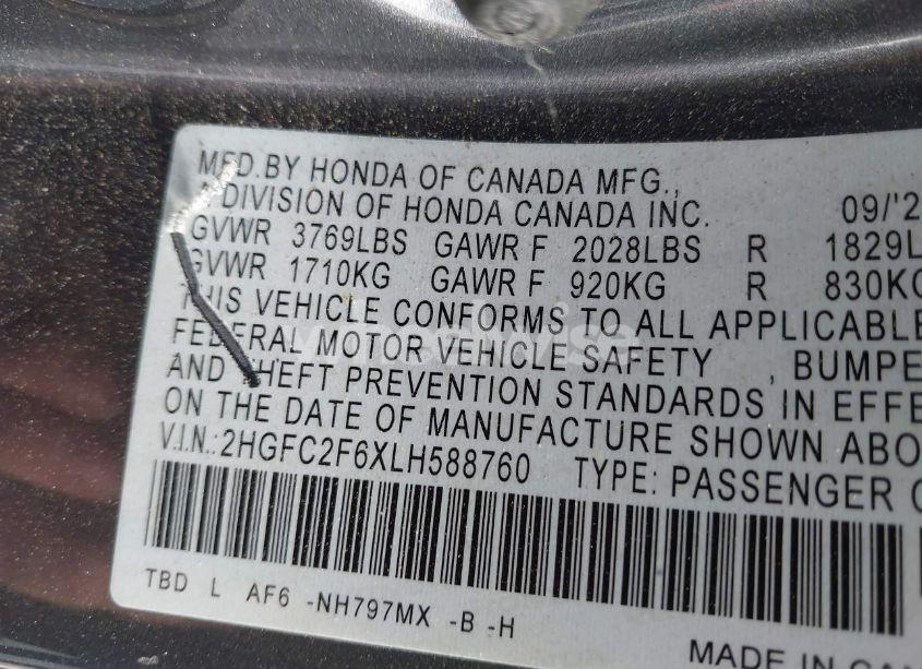Photo 9 of 2020 Honda Civic LX (VIN 2HGFC2F6XLH588760)
