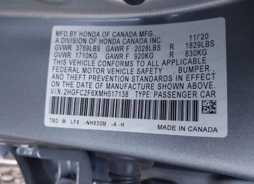 Photo 9 of 2021 Honda Civic LX (VIN 2HGFC2F6XMH517138)