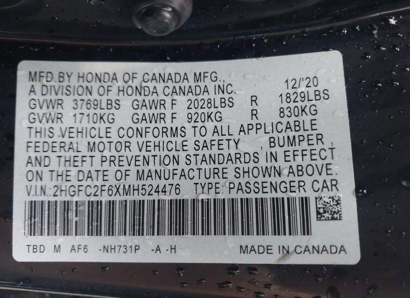 Photo 9 of 2021 Honda Civic LX (VIN 2HGFC2F6XMH524476)