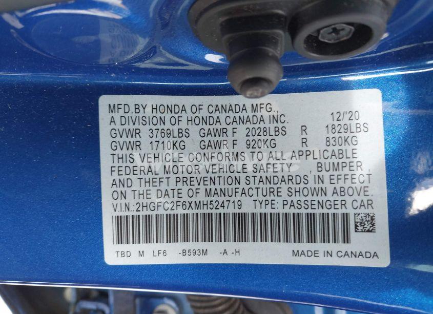Photo 9 of 2021 Honda Civic LX (VIN 2HGFC2F6XMH524719)