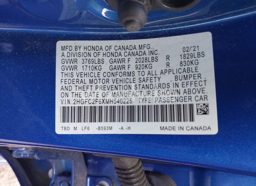 Photo 9 of 2021 Honda Civic LX (VIN 2HGFC2F6XMH540225)