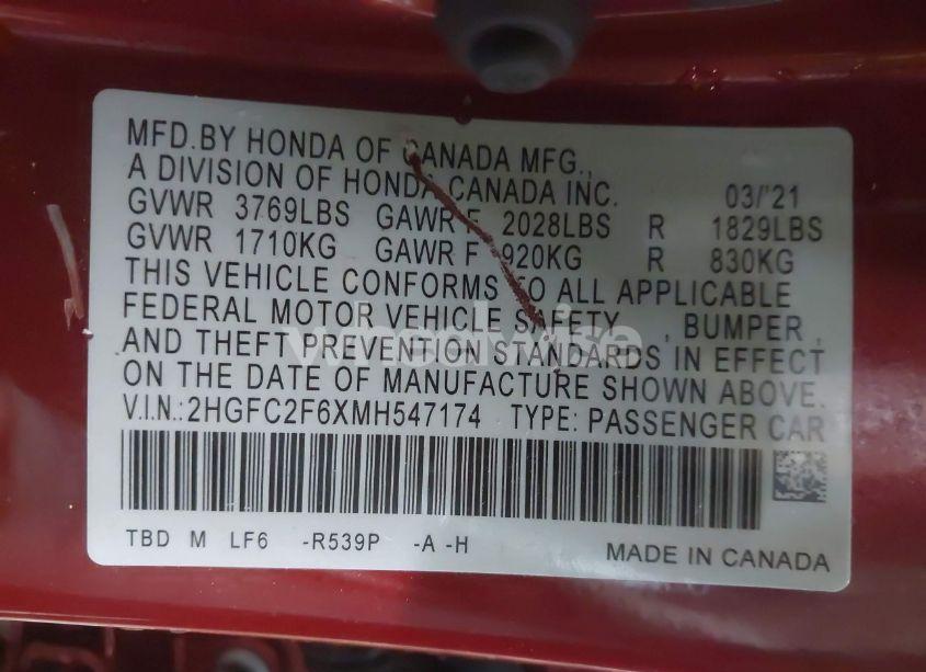 Photo 9 of 2021 Honda Civic LX (VIN 2HGFC2F6XMH547174)