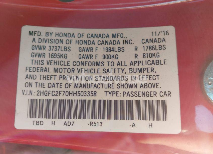 Photo 9 of 2017 Honda Civic EX (VIN 2HGFC2F70HH503358)