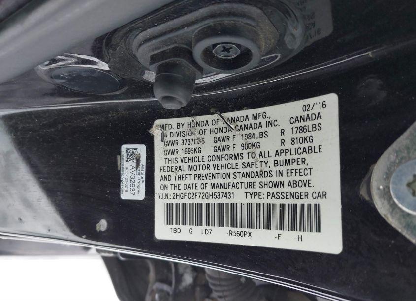 Photo 9 of 2016 Honda Civic EX (VIN 2HGFC2F72GH537431)