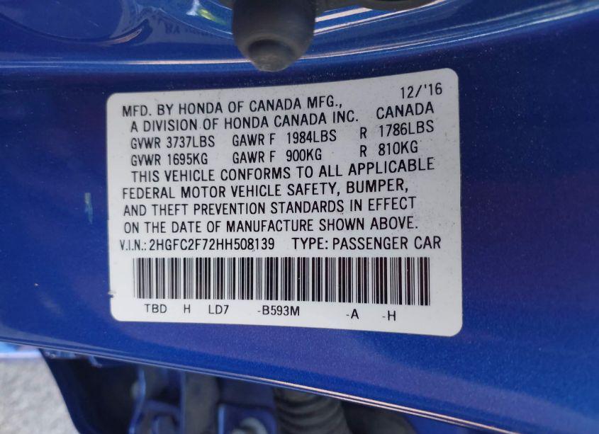 Photo 9 of 2017 Honda Civic EX (VIN 2HGFC2F72HH508139)