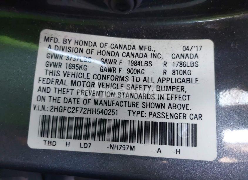 Photo 9 of 2017 Honda Civic EX (VIN 2HGFC2F72HH540251)