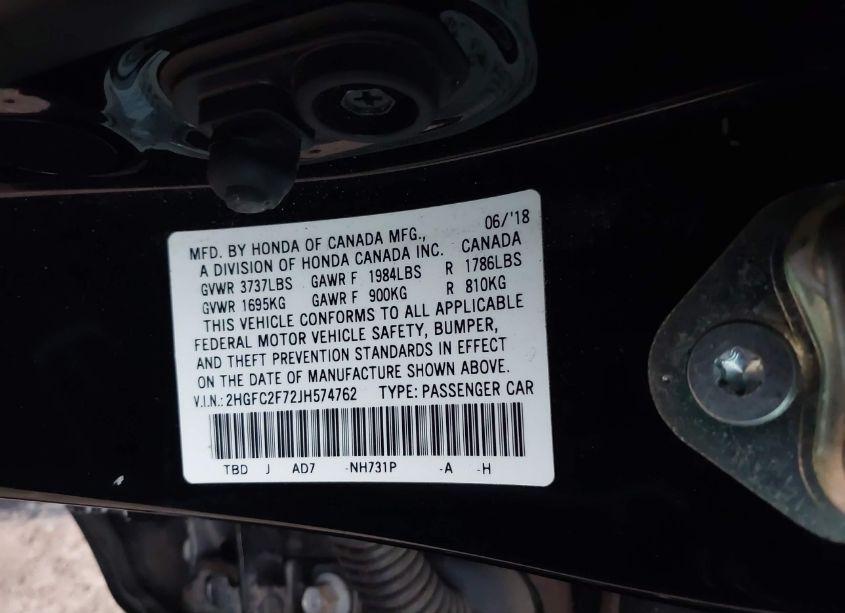 Photo 9 of 2018 Honda Civic EX (VIN 2HGFC2F72JH574762)