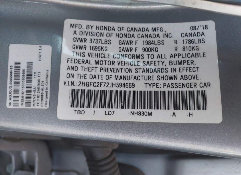 Photo 9 of 2018 Honda Civic SEDAN (VIN 2HGFC2F72JH594669)