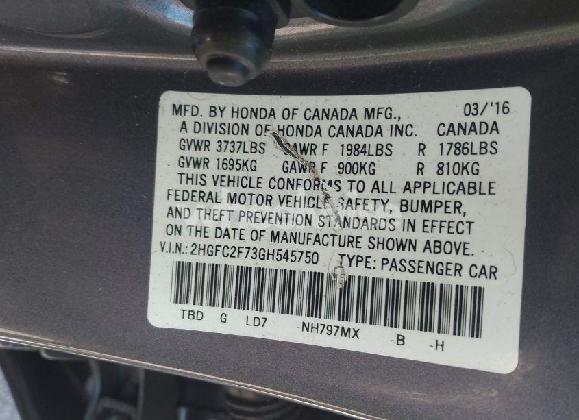 Photo 9 of 2016 Honda Civic EX (VIN 2HGFC2F73GH545750)