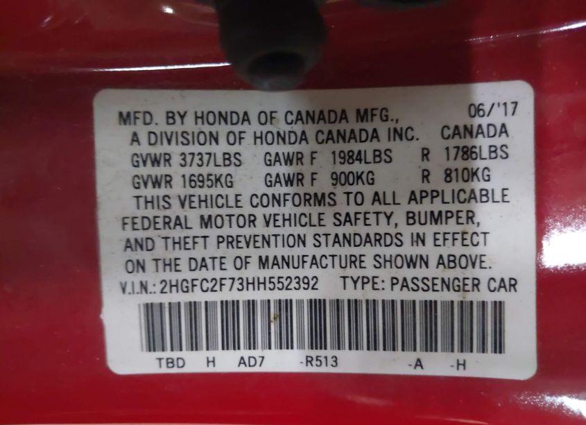 Photo 9 of 2017 Honda Civic EX (VIN 2HGFC2F73HH552392)