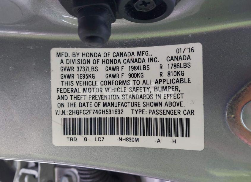 Photo 9 of 2016 Honda Civic EX (VIN 2HGFC2F74GH531632)