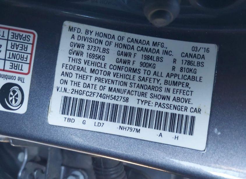 Photo 9 of 2016 Honda Civic EX (VIN 2HGFC2F74GH542758)