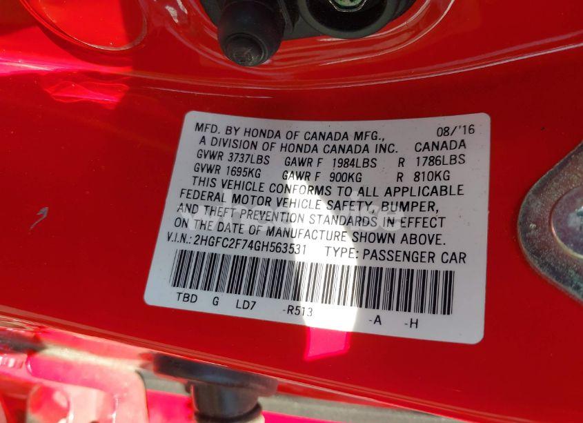 Photo 9 of 2016 Honda Civic EX (VIN 2HGFC2F74GH563531)