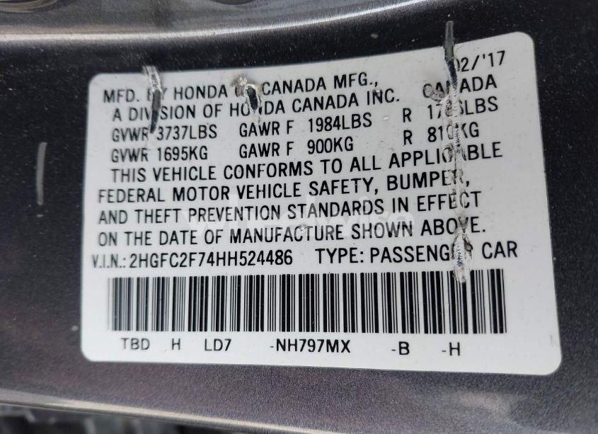 Photo 9 of 2017 Honda Civic EX (VIN 2HGFC2F74HH524486)