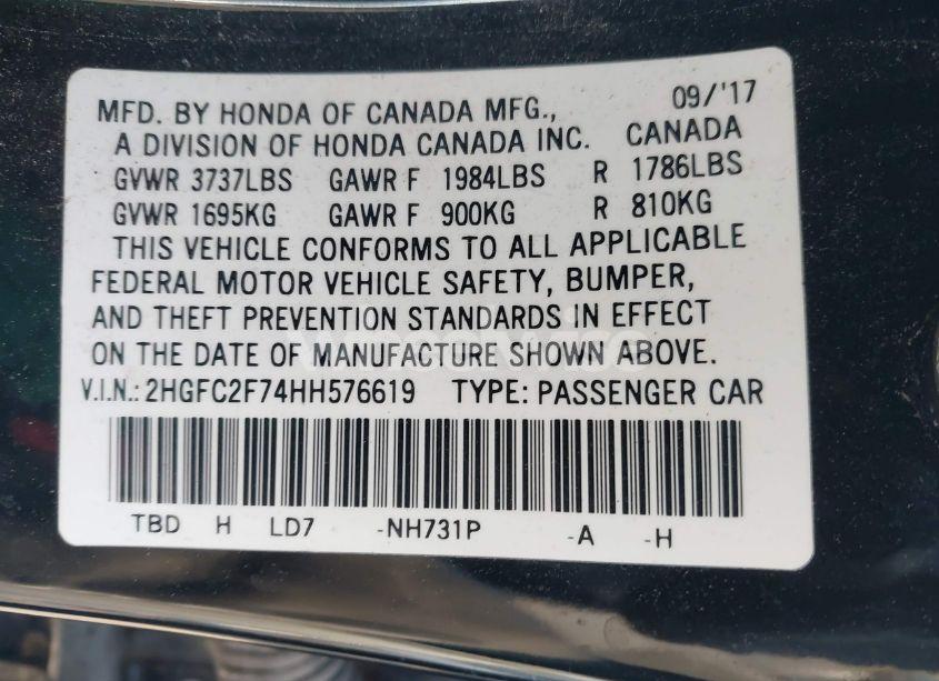 Photo 9 of 2017 Honda Civic EX (VIN 2HGFC2F74HH576619)