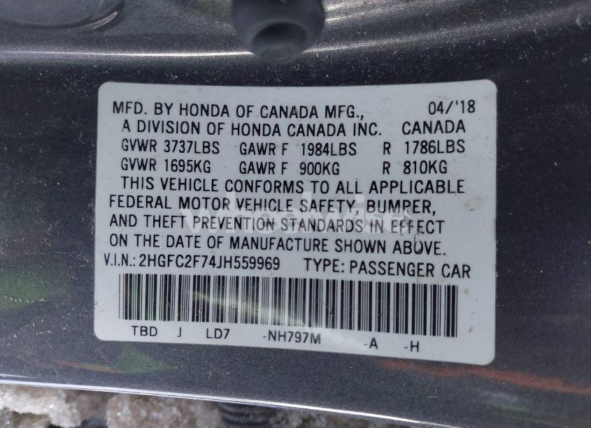 Photo 9 of 2018 Honda Civic EX (VIN 2HGFC2F74JH559969)