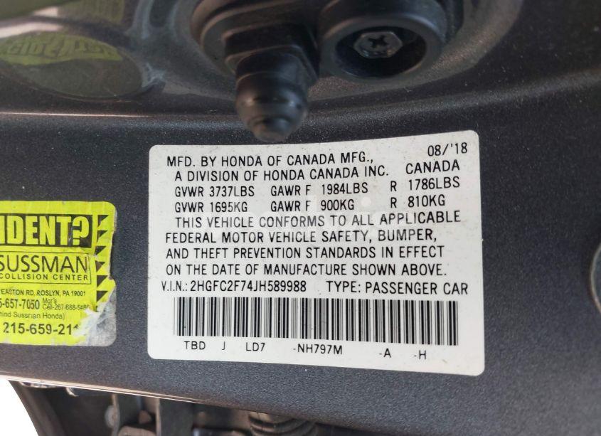 Photo 9 of 2018 Honda Civic EX (VIN 2HGFC2F74JH589988)