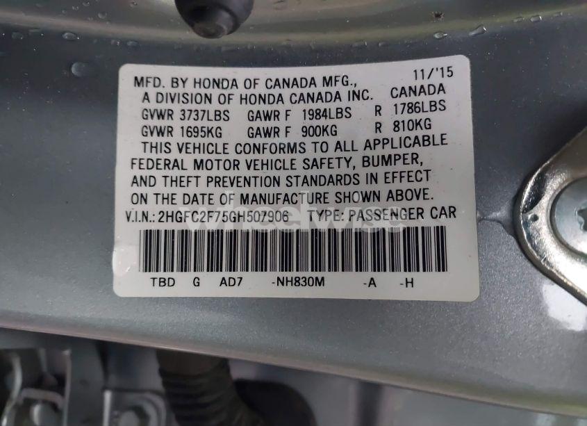 Photo 9 of 2016 Honda Civic EX (VIN 2HGFC2F75GH507906)