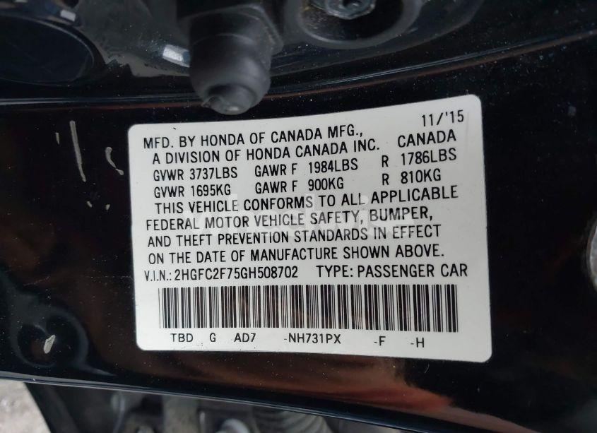 Photo 9 of 2016 Honda Civic EX (VIN 2HGFC2F75GH508702)