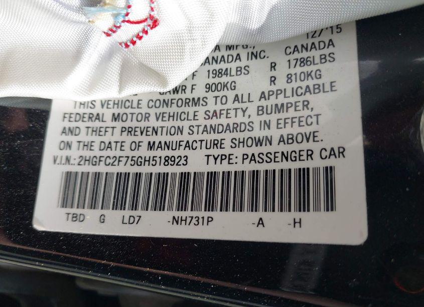Photo 9 of 2016 Honda Civic EX (VIN 2HGFC2F75GH518923)