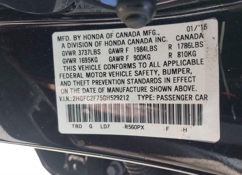 Photo 9 of 2016 Honda Civic EX (VIN 2HGFC2F75GH529212)