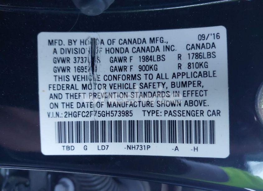 Photo 9 of 2016 Honda Civic EX (VIN 2HGFC2F75GH573985)