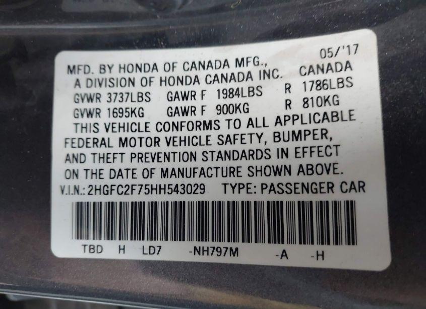 Photo 9 of 2017 Honda Civic EX (VIN 2HGFC2F75HH543029)