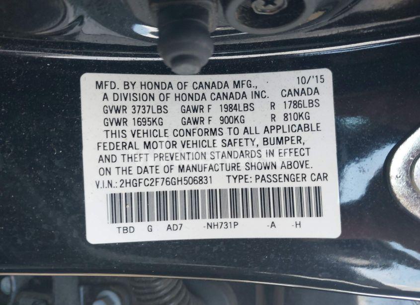 Photo 9 of 2016 Honda Civic EX (VIN 2HGFC2F76GH506831)