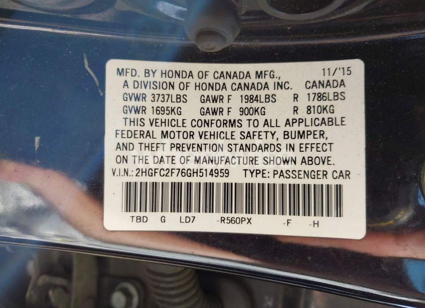 Photo 9 of 2016 Honda Civic EX (VIN 2HGFC2F76GH514959)