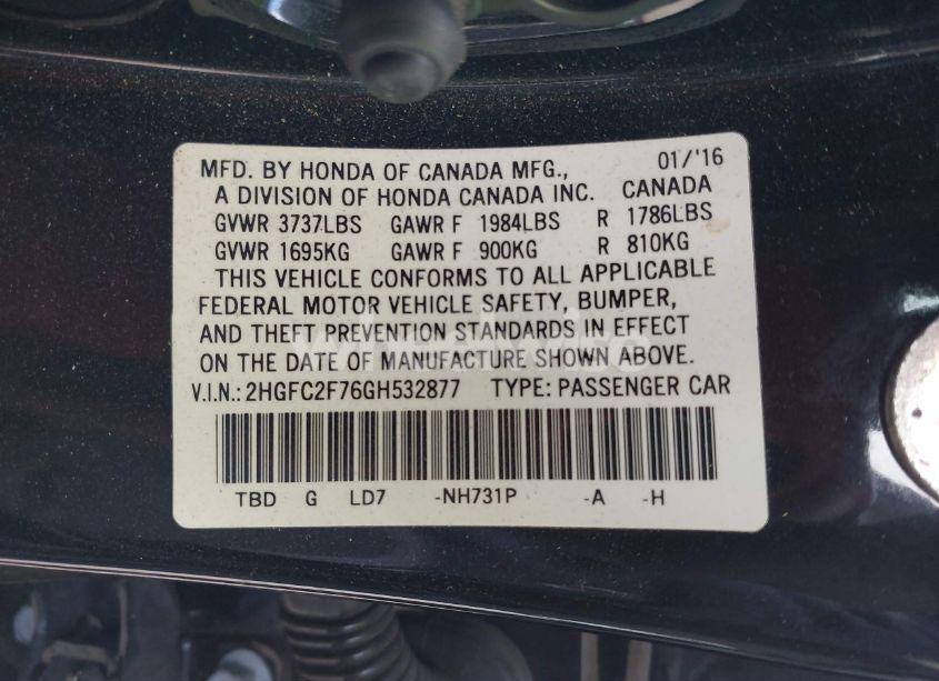 Photo 9 of 2016 Honda Civic EX (VIN 2HGFC2F76GH532877)