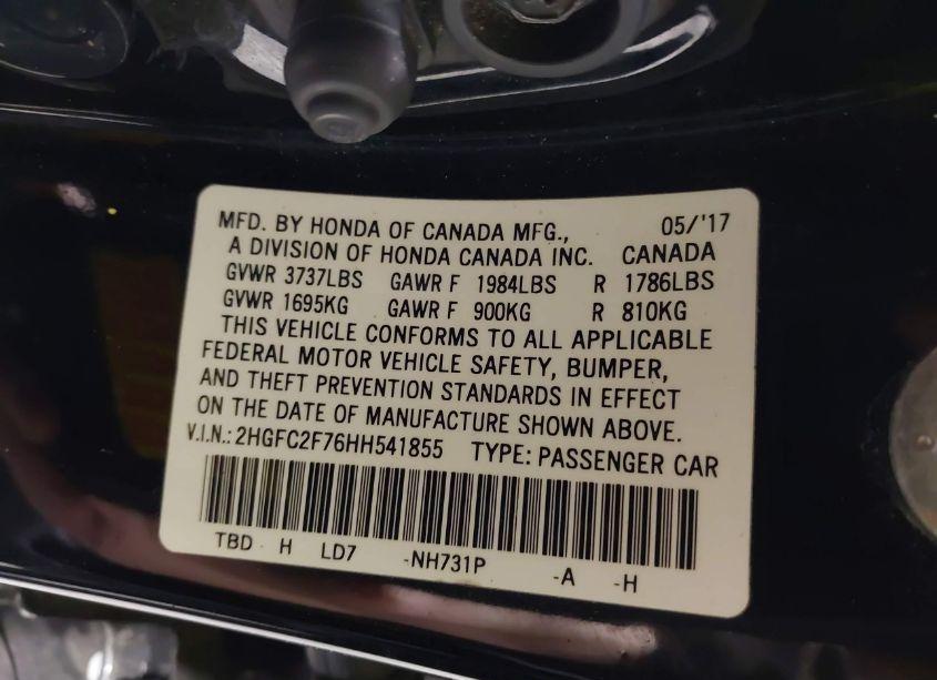 Photo 9 of 2017 Honda Civic EX (VIN 2HGFC2F76HH541855)