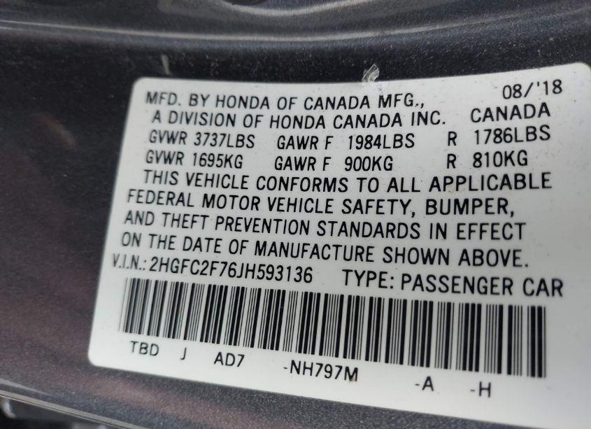 Photo 9 of 2018 Honda Civic EX (VIN 2HGFC2F76JH593136)