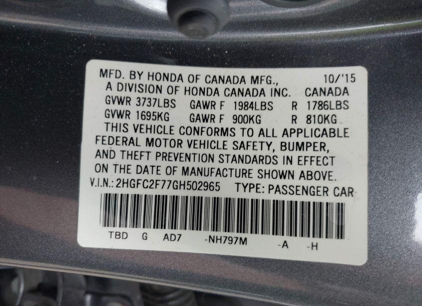 Photo 9 of 2016 Honda Civic EX (VIN 2HGFC2F77GH502965)