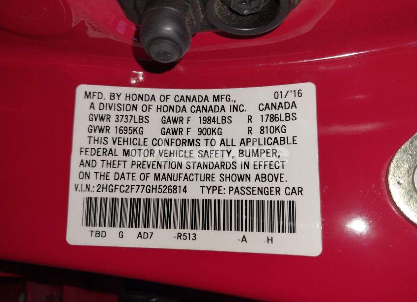 Photo 9 of 2016 Honda Civic EX (VIN 2HGFC2F77GH526814)