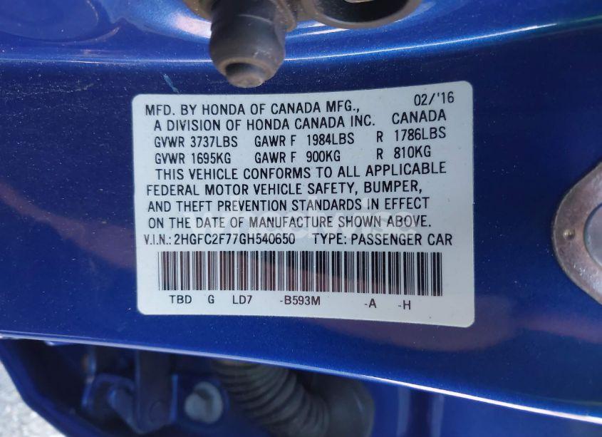 Photo 9 of 2016 Honda Civic EX (VIN 2HGFC2F77GH540650)