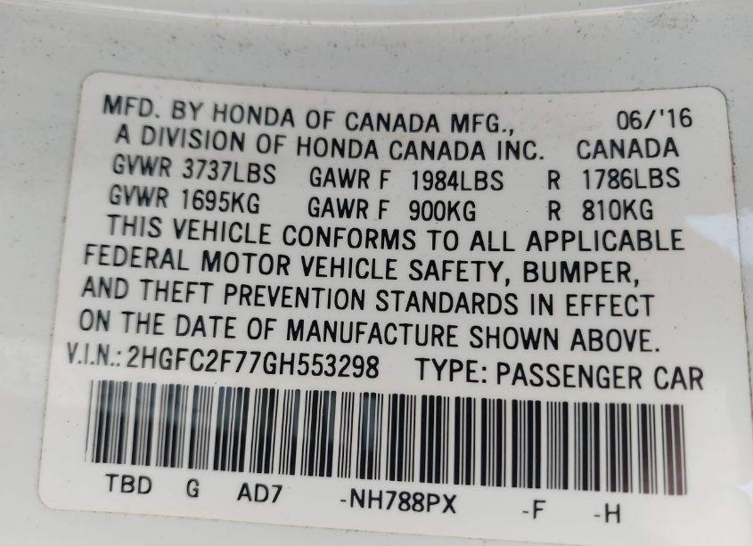 Photo 9 of 2016 Honda Civic EX (VIN 2HGFC2F77GH553298)