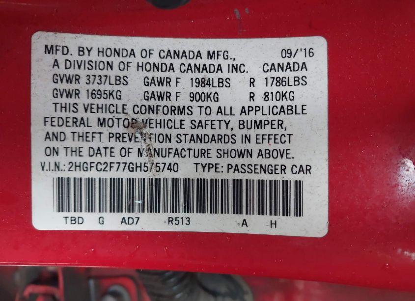 Photo 9 of 2016 Honda Civic EX (VIN 2HGFC2F77GH575740)