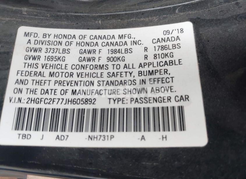 Photo 9 of 2018 Honda Civic EX (VIN 2HGFC2F77JH605892)