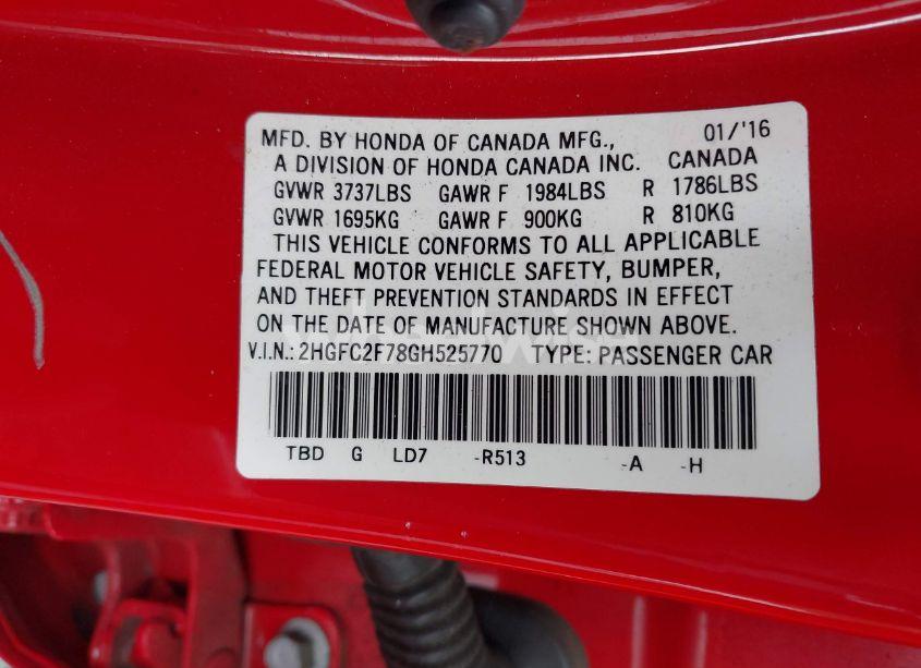 Photo 9 of 2016 Honda Civic EX (VIN 2HGFC2F78GH525770)