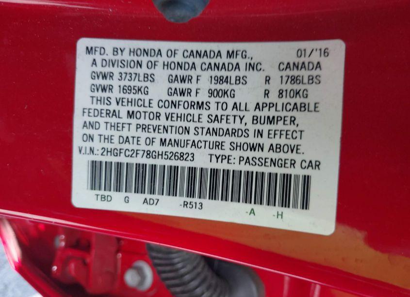 Photo 9 of 2016 Honda Civic EX (VIN 2HGFC2F78GH526823)