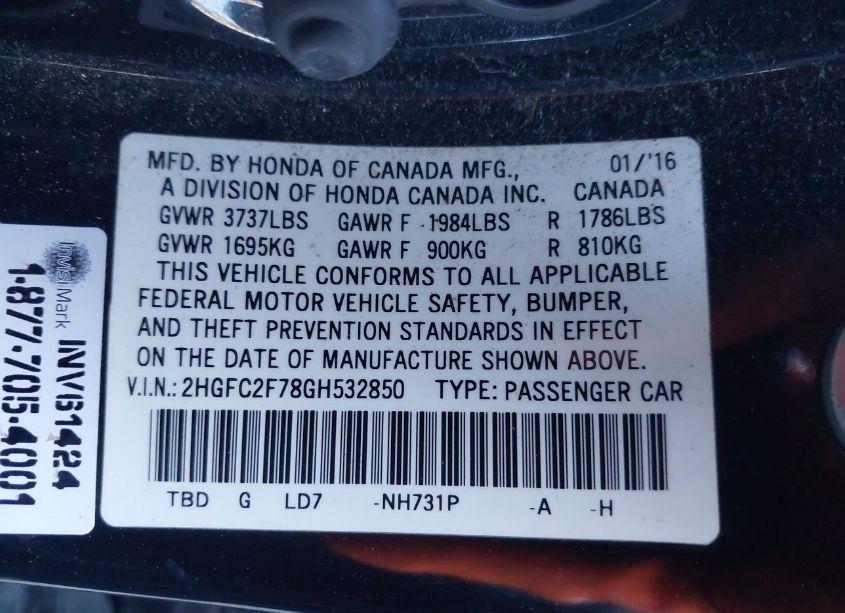Photo 9 of 2016 Honda Civic EX (VIN 2HGFC2F78GH532850)