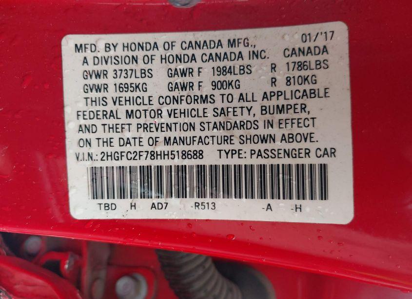 Photo 9 of 2017 Honda Civic EX (VIN 2HGFC2F78HH518688)