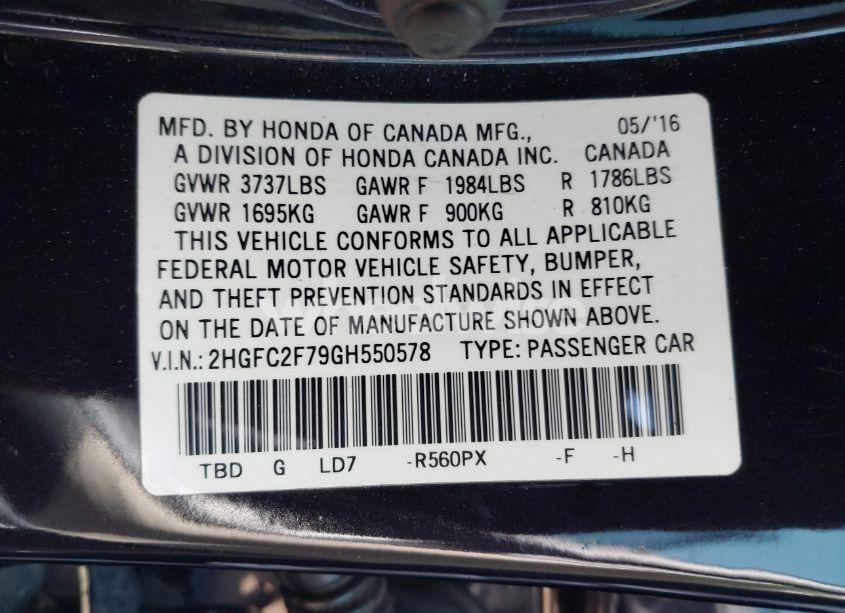 Photo 9 of 2016 Honda Civic EX (VIN 2HGFC2F79GH550578)