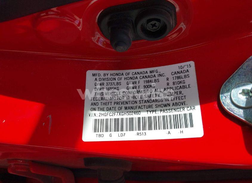Photo 9 of 2016 Honda Civic EX (VIN 2HGFC2F7XGH502460)