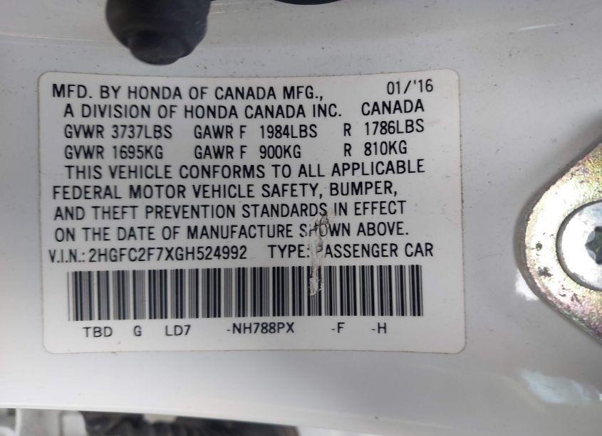 Photo 9 of 2016 Honda Civic EX (VIN 2HGFC2F7XGH524992)