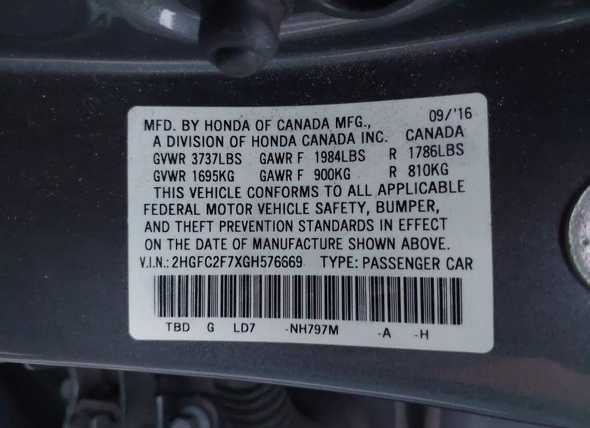 Photo 9 of 2016 Honda Civic EX (VIN 2HGFC2F7XGH576669)