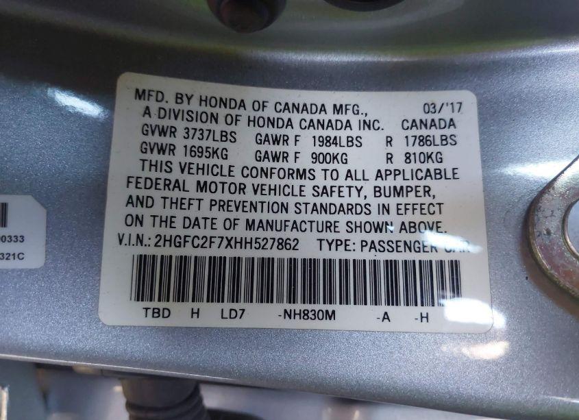 Photo 9 of 2017 Honda Civic EX (VIN 2HGFC2F7XHH527862)