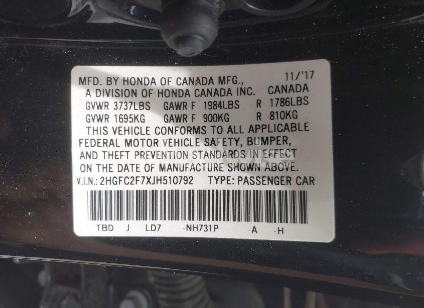 Photo 9 of 2018 Honda Civic EX (VIN 2HGFC2F7XJH510792)