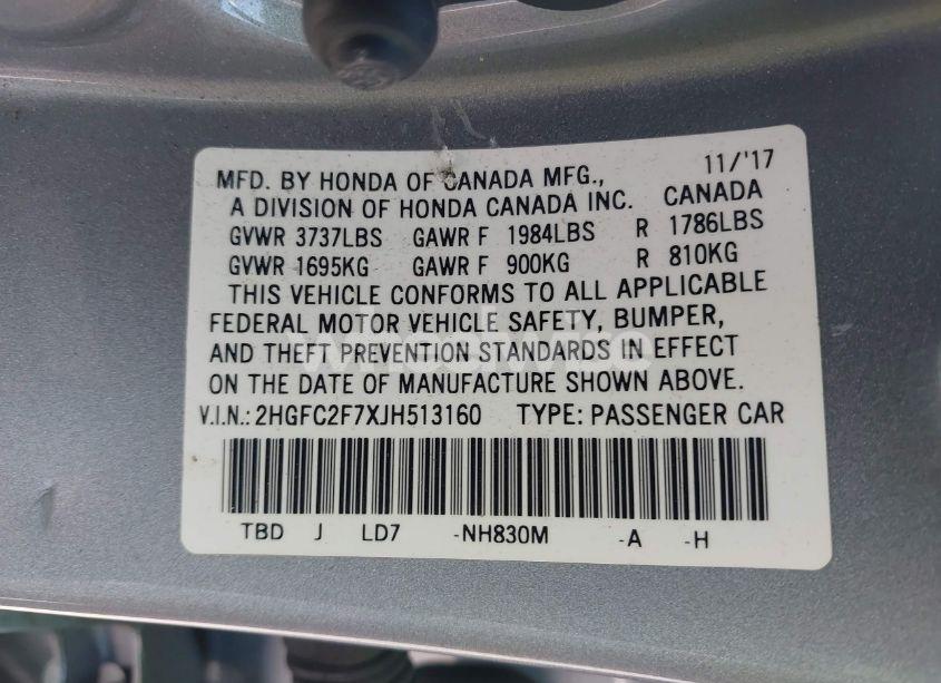 Photo 9 of 2018 Honda Civic EX (VIN 2HGFC2F7XJH513160)