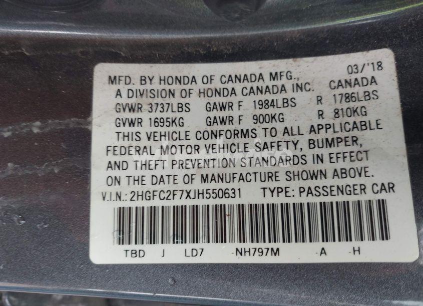 Photo 9 of 2018 Honda Civic EX (VIN 2HGFC2F7XJH550631)